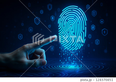 AI generated digital hand touching floating fingerprint glowing in blue showing futuristic biometric identity verification and cybersecurity interface on dark tech background 128370851