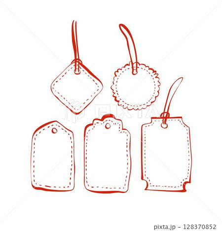 Set of hand-drawn gift tags with stitches and strings for packaging and decoration 128370852