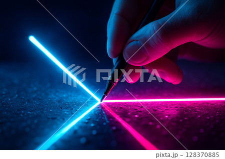 AI generated a hand using a digital stylus on a glowing surface intersected by vibrant neon lines in a futuristic sci fi environment with precision and energy 128370885