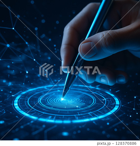AI generated futuristic scene showing a human hand using a digital stylus to interact with a glowing blue holographic interface symbolizing secure cyber access 128370886