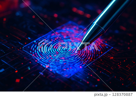 AI generated digital stylus touches a glowing fingerprint hologram on a futuristic circuit board symbolizing biometric authentication and cyber technology precision 128370887