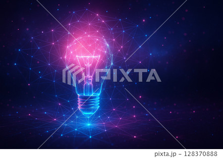 AI generated a glowing holographic lightbulb floating in a digital space filled with connected light particles and neon lines representing futuristic creativity innovation and limitless imagination 128370888