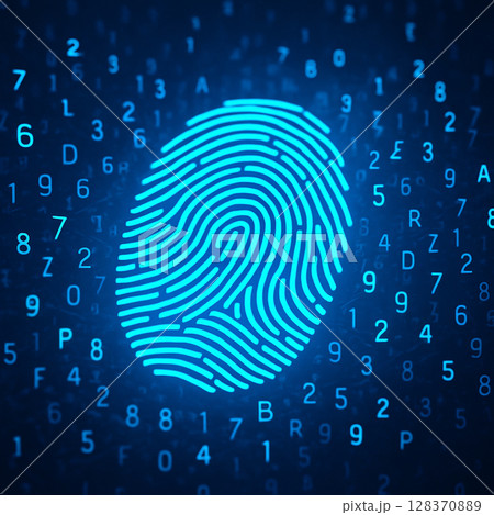 AI generated glowing fingerprint in blue surrounded by digital numbers symbolizing secure biometric authentication futuristic data network and high tech identity verification in cyber environment 128370889