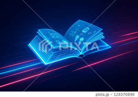 AI generated a futuristic glowing book hovering above colorful data streams with neon blue pages filled with digital symbols representing advanced knowledge technology and cyber communication 128370890