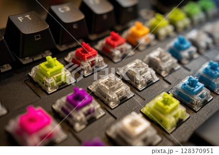 Close-Up of Colorful Mechanical Keyboard Switch Replacement Process Close-Up of Colorful Mechanical Keyboard Switch Replacement Process 128370951