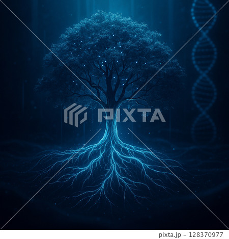 AI generated sci fi bio digital illustration showing a glowing tree with data roots and luminous branches symbolizing the fusion of nature life and information in a futuristic cybernetic ecosystem 128370977