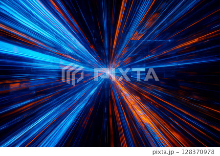 AI generated sci fi abstract artwork showing glowing data lines in blue orange and pink converging into a central point representing fast digital acceleration and cyber hyperspace motion 128370978