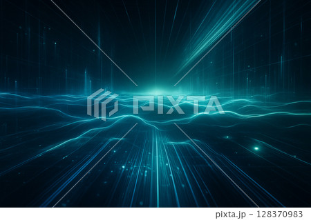 AI generated abstract sci fi image showing glowing energy waves and data grids in a digital cyberspace environment evoking a futuristic and immersive atmosphere of high technology 128370983