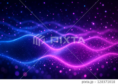 AI generated abstract sci fi landscape of glowing mesh waves with flowing particles in purple blue and pink tones symbolizing energy data and emotion in a limitless digital universe 128371018
