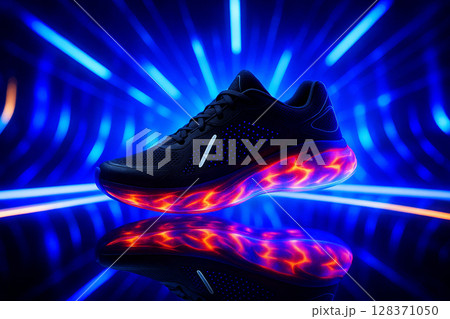 AI generated image of a black sci-fi sneaker with glowing firelike sole placed on a reflective surface surrounded by radiant neon blue beams representing speed power and futuristic energy AI generated image of a black sci-fi sneaker with glowing firelike sole placed on a reflective surface surrounded by radiant neon blue beams representing speed power and futuristic energy 128371050