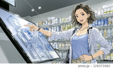 健康サプリ商品を紹介する店員 128371082