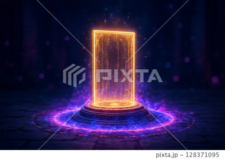 AI generated image of a glowing golden portal radiating mysterious energy standing on a circular platform with neon aura in a dark fantasy sci-fi scene filled with magical atmosphere 128371095