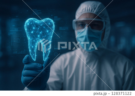 AI generated futuristic medical scene showing a dentist or researcher in full PPE examining a glowing holographic tooth with digital analysis interface in a sterile high tech lab environment AI generated futuristic medical scene showing a dentist or researcher in full PPE examining a glowing holographic tooth with digital analysis interface in a sterile high tech lab environment 128371122