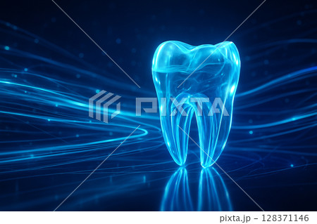 AI generated image of a translucent glowing tooth floating in a futuristic digital environment surrounded by blue light trails and energy streams symbolizing medical data and advanced dental analysis 128371146