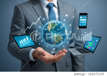 AI generated businessman controlling floating digital Earth surrounded by connected devices icons and growth charts representing global business data and smart technology management 128371147