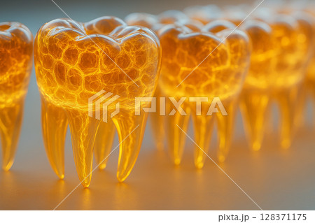 AI generated image showing translucent golden teeth with internal glowing networks representing futuristic biological energy in a sci-fi dental concept 128371175