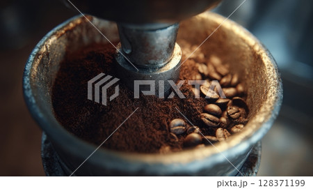 First-person view of grinding fresh coffee beans in a burr grinder 128371199