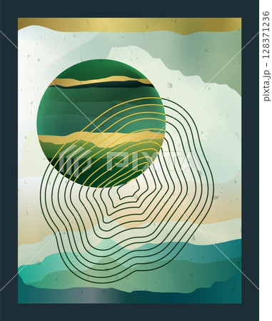 Watercolor poster. Abstract background. Green circle and lines, brush texture ink stain, stroke and smudges blot elements. Wall art. Bright colorful backdrop. Wallpaper and flyer. Vector illustration 128371236