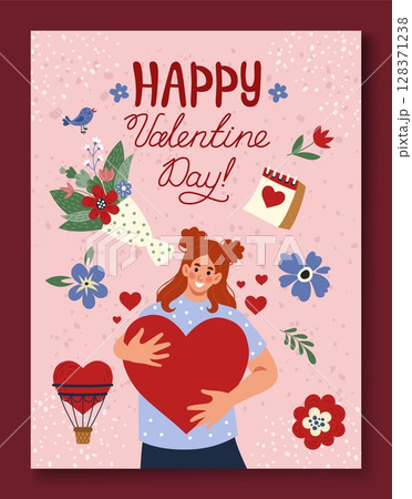 Happy valentines day. Woman hold heart. Flower bouquet, love card, hand drawn botanical elements. Cute girl. Romantic banner, doodle style postcard. Vector cartoon flat style isolated illustration Happy valentines day. Woman hold heart. Flower bouquet, love card, hand drawn botanical elements. Cute girl. Romantic banner, doodle style postcard. Vector cartoon flat style isolated illustration 128371238