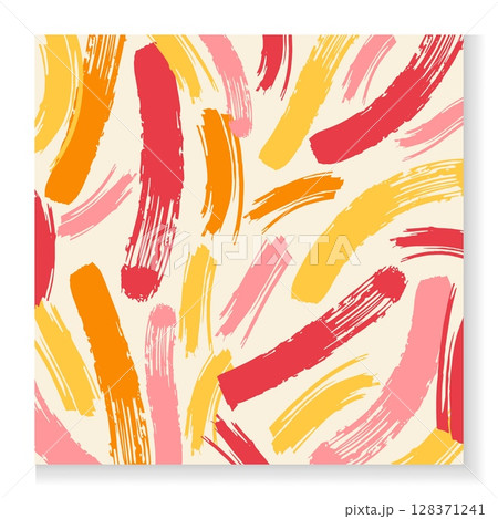 Brush pattern. Seamless design. Abstract red and orange paint lines. Colorful brushstroke, hand drawn swatches. Decor textile, wrapping paper, wallpaper. Print for fabric. Vector isolated illustration 128371241