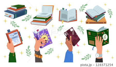 Reading concept, books in hand. Study paper, handbook, education cartoon. School symbol, university knowledge. Library to read. Dictionary and encyclopedia stack. Vector set learning tidy illustration 128371254