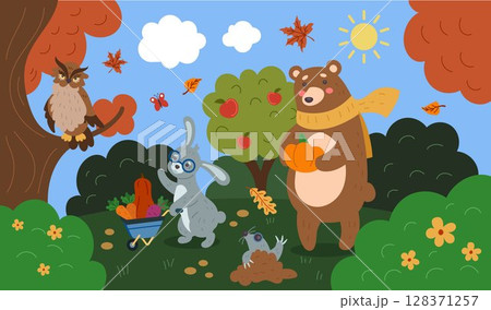 Cute autumn background. Animals with fall harvest. Cozy nature. Cartoon landscape. Bear with pumpkin. Rabbit carrying vegetables. Owl on tree branch. Happy kid characters. Vector season tidy holiday 128371257