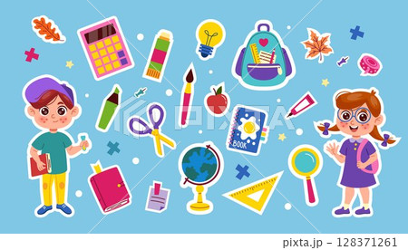 Back to school stickers. Character schoolboy. Cute notebook planner and pencils. Girl with backpack. Icon cartoon stationery. Doodle education. Primary student reading book. Vector tidy symbols set 128371261