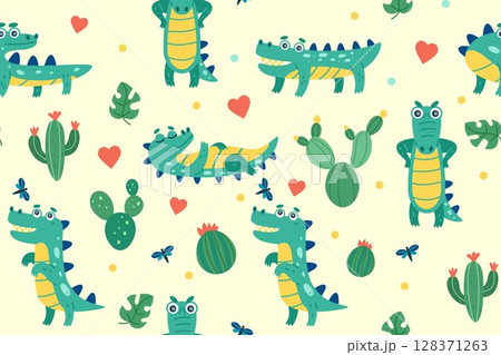 Crocodile pattern. Baby cartoon reptile background, cactus, green grass, desert funny animal. Hand drawn kids fabric. Doodle seamless repeat. Wrapping paper, wallpaper. Vector nursery tidy textile 128371263