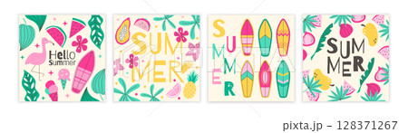 Summer pattern design. Flat sea fun, sun, tropical fruit, beach icon. Geometric pack print. Retro vacation banner. Abstract poster. Textile, wrapping paper, wallpaper. Vector texture garish background Summer pattern design. Flat sea fun, sun, tropical fruit, beach icon. Geometric pack print. Retro vacation banner. Abstract poster. Textile, wrapping paper, wallpaper. Vector texture garish background 128371267