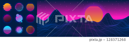 Wave mountain. Retro neon sun. Wireframe terrain. Glitch grid. Sunset horizon. 80s digital landscape. Sci-fi night design. Mesh space moon. Planet surface. Vector futuristic garish scenery background 128371268
