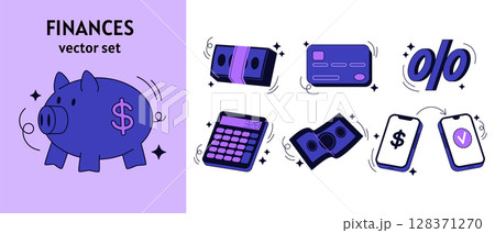 Money icon. Banking symbols. Credit card and piggy bank. Account calculator. Economic elements. Payment confirmation. Income percent. Mobile app. Profit graphic. Cash banknote. Vector financial set Money icon. Banking symbols. Credit card and piggy bank. Account calculator. Economic elements. Payment confirmation. Income percent. Mobile app. Profit graphic. Cash banknote. Vector financial set 128371270