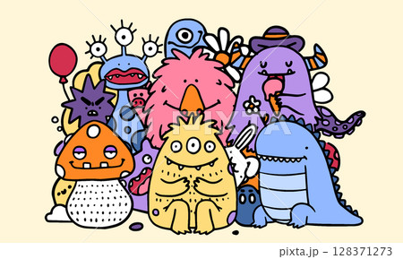 Monster doodle. Cartoon funny colorful party decorative prints. Child creature illustration. Baby Alien elements, beast with mouth. Style animal on holiday. Poster and print design. Vector background 128371273