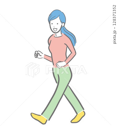 大股で歩く若い女性のカラーのイラスト 128371352
