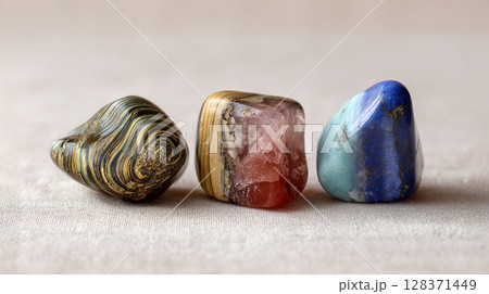 白い布に置いた天然石　AI画像 128371449