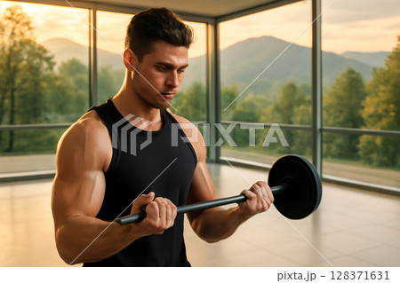 AI generated a young fit man curls a barbell in a spacious gym with a natural background. The soft light and clean surroundings inspire focus, strength, and determination. 128371631
