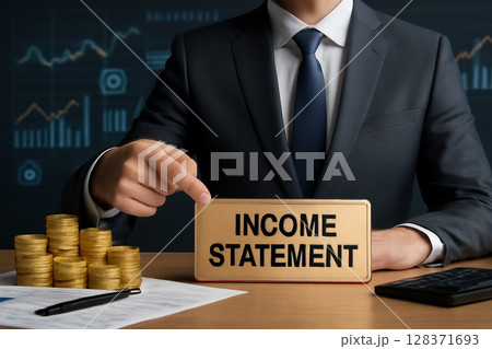 AI generated image of a businessman in a suit pointing to an income statement on a desk surrounded by coins, financial documents, and a background of financial graphs, portraying professionalism AI generated image of a businessman in a suit pointing to an income statement on a desk surrounded by coins, financial documents, and a background of financial graphs, portraying professionalism 128371693