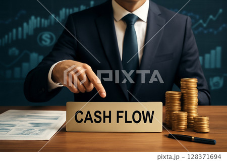 AI generated image of a businessman in a suit pointing at a cash flow sign on a desk surrounded by gold coins, documents, and financial graphs. The scene conveys professionalism, success AI generated image of a businessman in a suit pointing at a cash flow sign on a desk surrounded by gold coins, documents, and financial graphs. The scene conveys professionalism, success 128371694