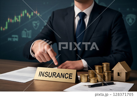 AI generated businessman in a suit pointing at a golden Insurance sign on a desk surrounded by documents, gold coins, and financial graphs. 128371705