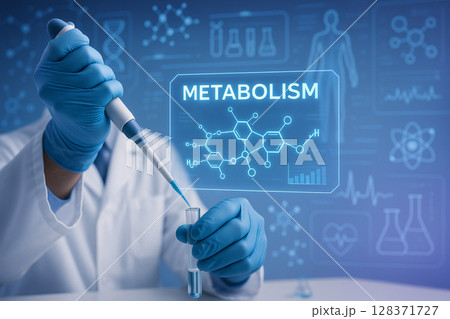 AI generated scientist hand with pipette in futuristic lab focusing on metabolism hologram surrounded by digital biotech and clean high tech atmosphere 128371727