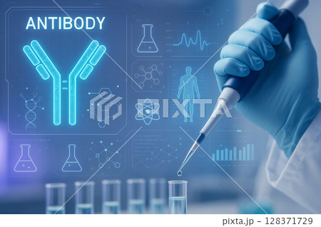 AI generated futuristic biomedical lab showing precise antibody research with holographic interface and blue glove scientist in clean technology setting 128371729