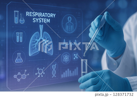 AI generated scientist hand dripping liquid in test tube with respiratory system hologram futuristic biotechnology concept in clean sterile blue tone 128371732