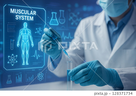 AI generated scientist in gloves drops liquid into test tube with muscular system hologram and digital biotech elements in clean futuristic lab scene 128371734