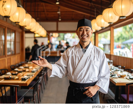 AI generated image of a professional Japanese chef in traditional uniform gesturing to invite diners into an authentic sushi restaurant. 128371869