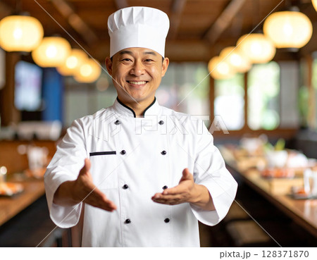 AI generated image of a professional Japanese chef in traditional uniform gesturing to invite diners into an authentic sushi restaurant. 128371870