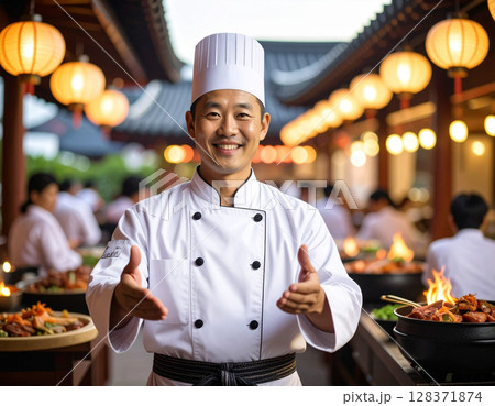 AI generated image of a Korean chef in traditional uniform gesturing to welcome diners into a vibrant Korean BBQ restaurant. 128371874