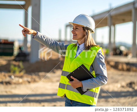 AI generated image of a construction safety officer in high-visibility vest and helmet gesturing to guide visitors entering an active building construction zone 128371892
