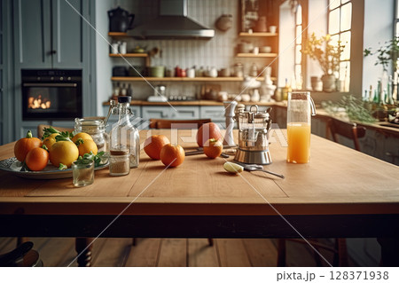 Kitchen table with food ready for cooking in the sunny room with window. Bright kitchen interior. Generated AI. 128371938