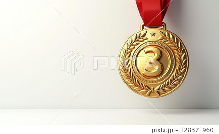 Golden third place medal with laurel wreath detail and ribbon. Generated AI 128371960