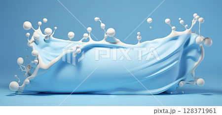 Milk splash or cream wave with drops on blue background, wide illustration. Generated AI. 128371961