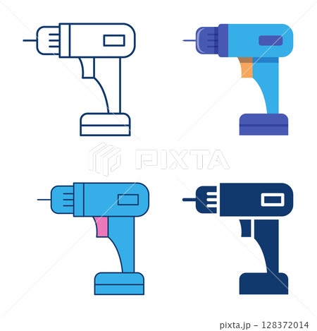 Drill tool flat and line icon set Drill tool flat and line icon set 128372014